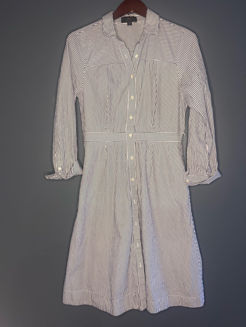 J Crew Striped Button-Front Shirt Dress with Waist Tie - Navy size 10 ladies